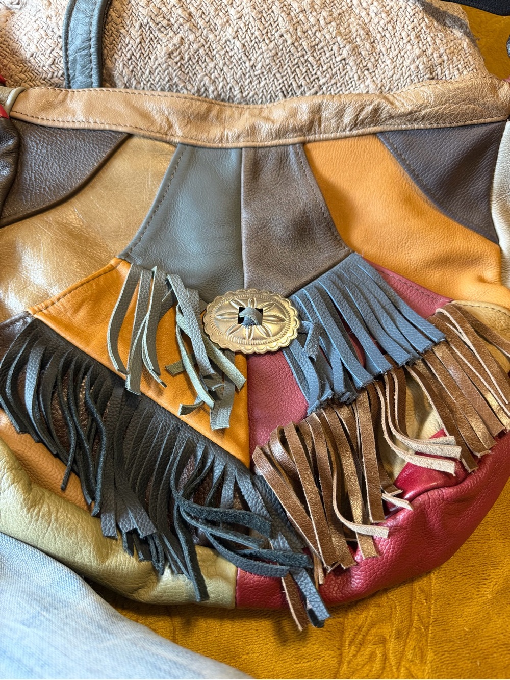 Fringed Patchwork Leather Shoulder Bag - Multicolor made in Mexico